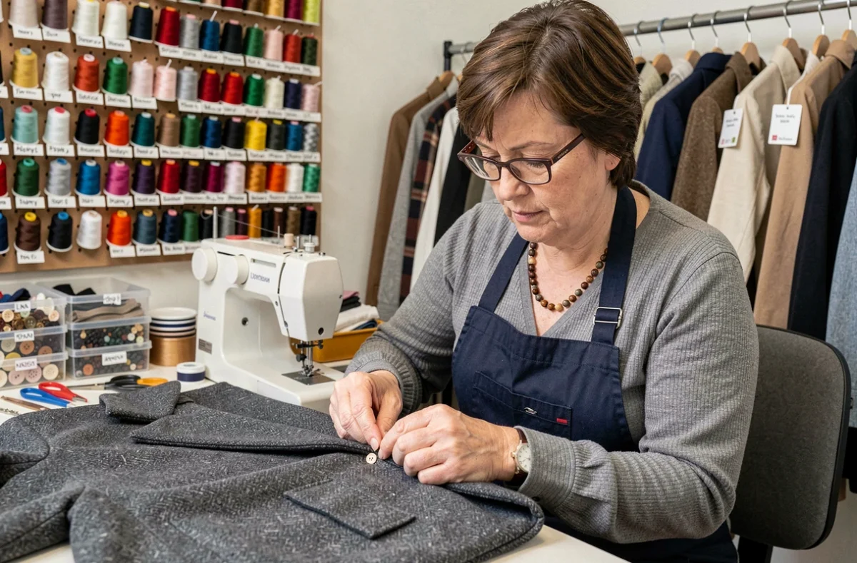 Spécialiste des retouches A 4 Épingles en Loire-Atlantique recousant un bouton à la main sur un manteau en laine dans son atelier organisé