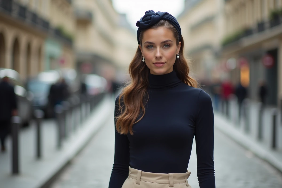 Jeune femme élégante dans une rue parisienne pavée avec un foulard en satin dans les cheveux ondulés et des épingles nacrées