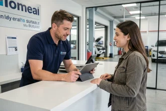 Conseiller client en concession automobile discutant des services avec une cliente au comptoir d'accueil