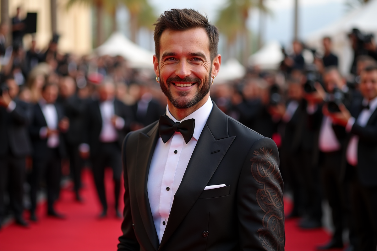 Acteur célèbre avec tatouages maoris en costume élégant lors d'un tapis rouge