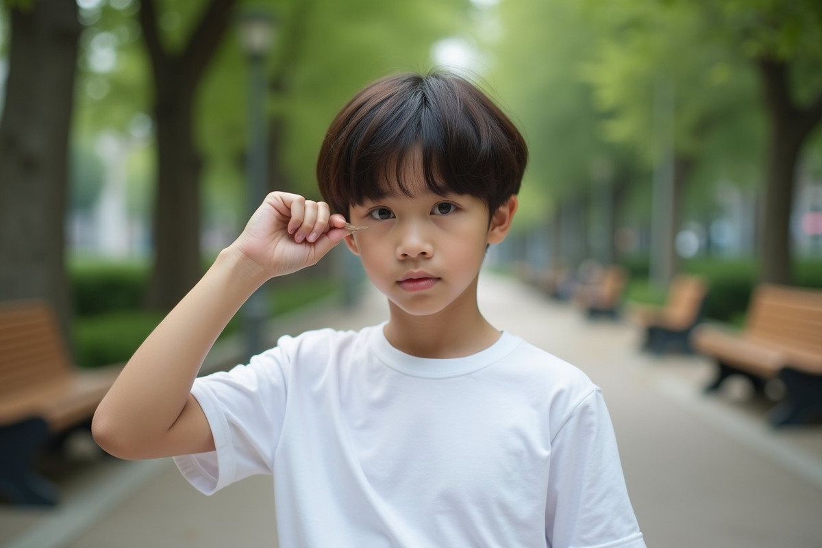 Adolescent examinant ses cheveux dans un parc urbain