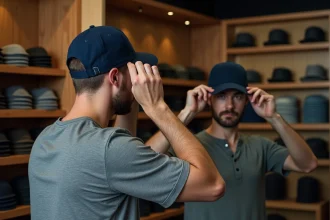 Homme ajustant la taille d'une casquette snapback bleue devant un miroir dans un magasin de chapeaux