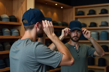 Homme ajustant la taille d'une casquette snapback bleue devant un miroir dans un magasin de chapeaux