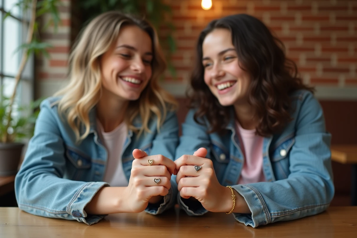 Deux adolescentes souriantes portant des bagues cœur BFF dans un café chaleureux