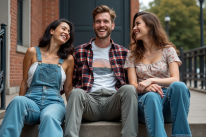 Trois amis dans la rue style années 90 en denim et carreaux