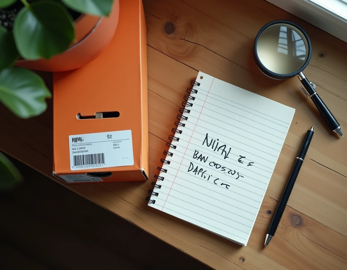 Vue de dessus d'une boîte Nike avec code UPC visible, loupe et notes manuscrites pour identifier une contrefaçon