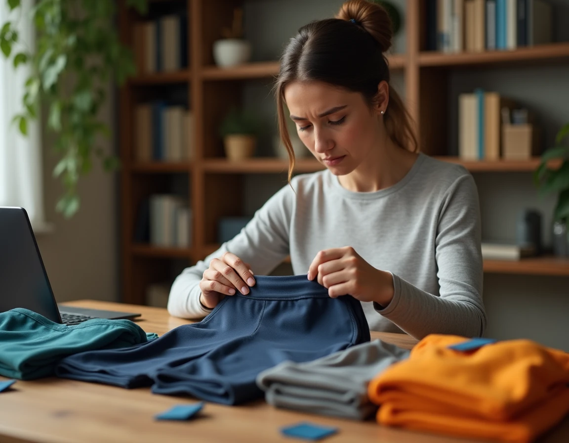 Femme analysant la qualité des tissus et coutures de vêtements de sport à son bureau à la maison