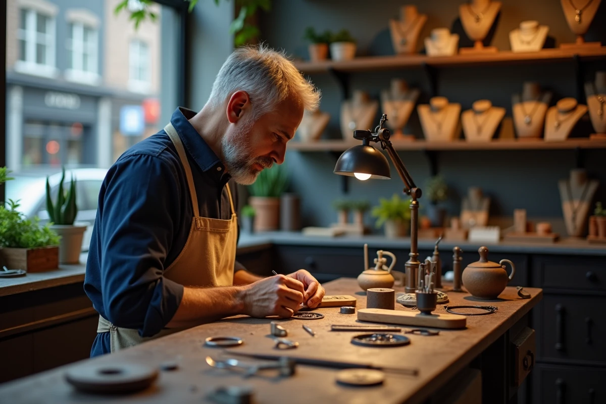 Artisan façonnant une bague en argent dans une boutique