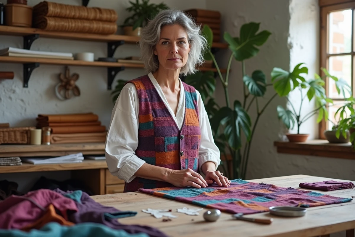 Femme artisane confectionnant des vêtements hippies patchwork éthiques dans un atelier de création textile responsable