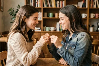 Deux amies échangeant des bagues cœur BFF dans un café chaleureux, sourires authentiques et moment complice