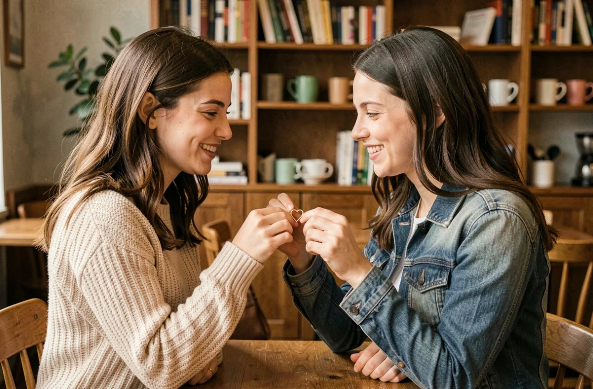 Deux amies échangeant des bagues cœur BFF dans un café chaleureux, sourires authentiques et moment complice