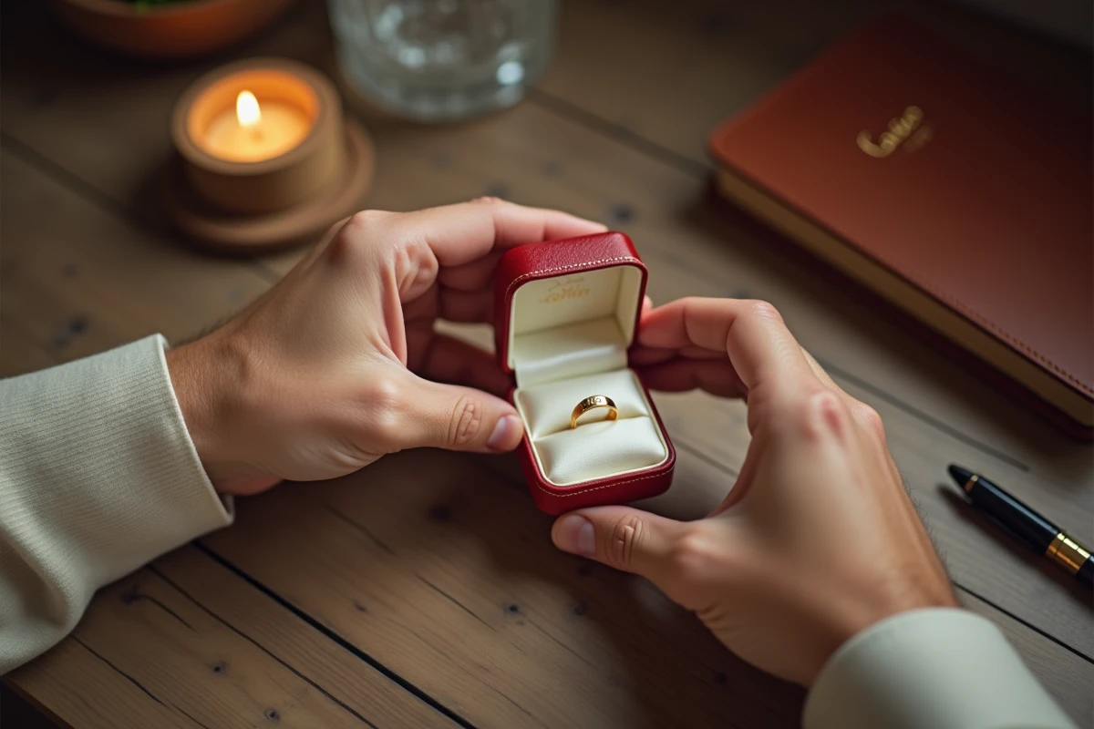 Bague Cartier Love homme gravée posée dans son écrin sur bureau en chêne