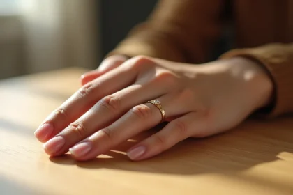Gros plan d'une main de femme portant une bague en or légèrement trop large, illustrant l'impact de la largeur du jonc sur la taille du tour de doigt