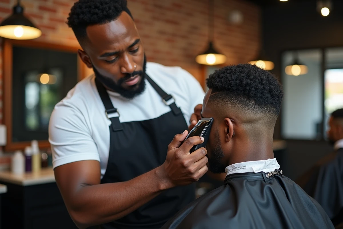Barbier professionnel en train de tailler un taper fade coupe casquette sur des cheveux afro avec une tondeuse, vue de profil