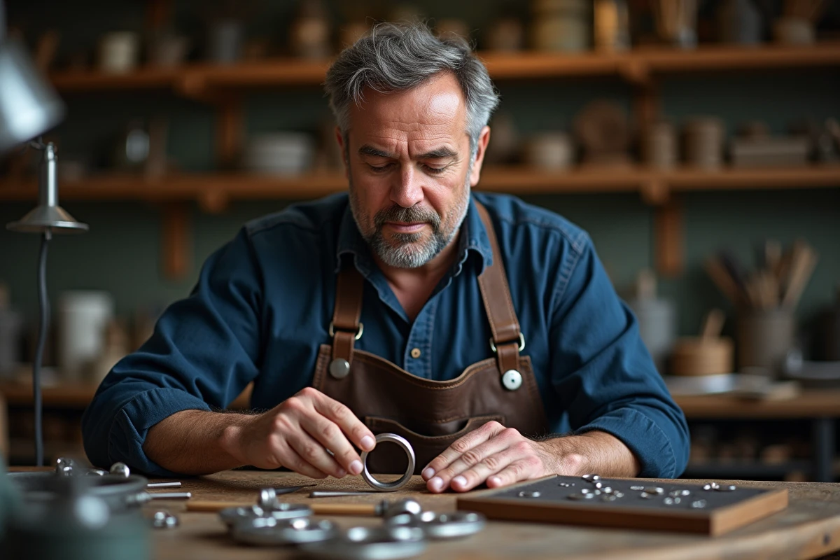 Bijoutier mesurant la taille intérieure d'un anneau en argent avec un mandrin et une jauge dans un atelier de joaillerie professionnel