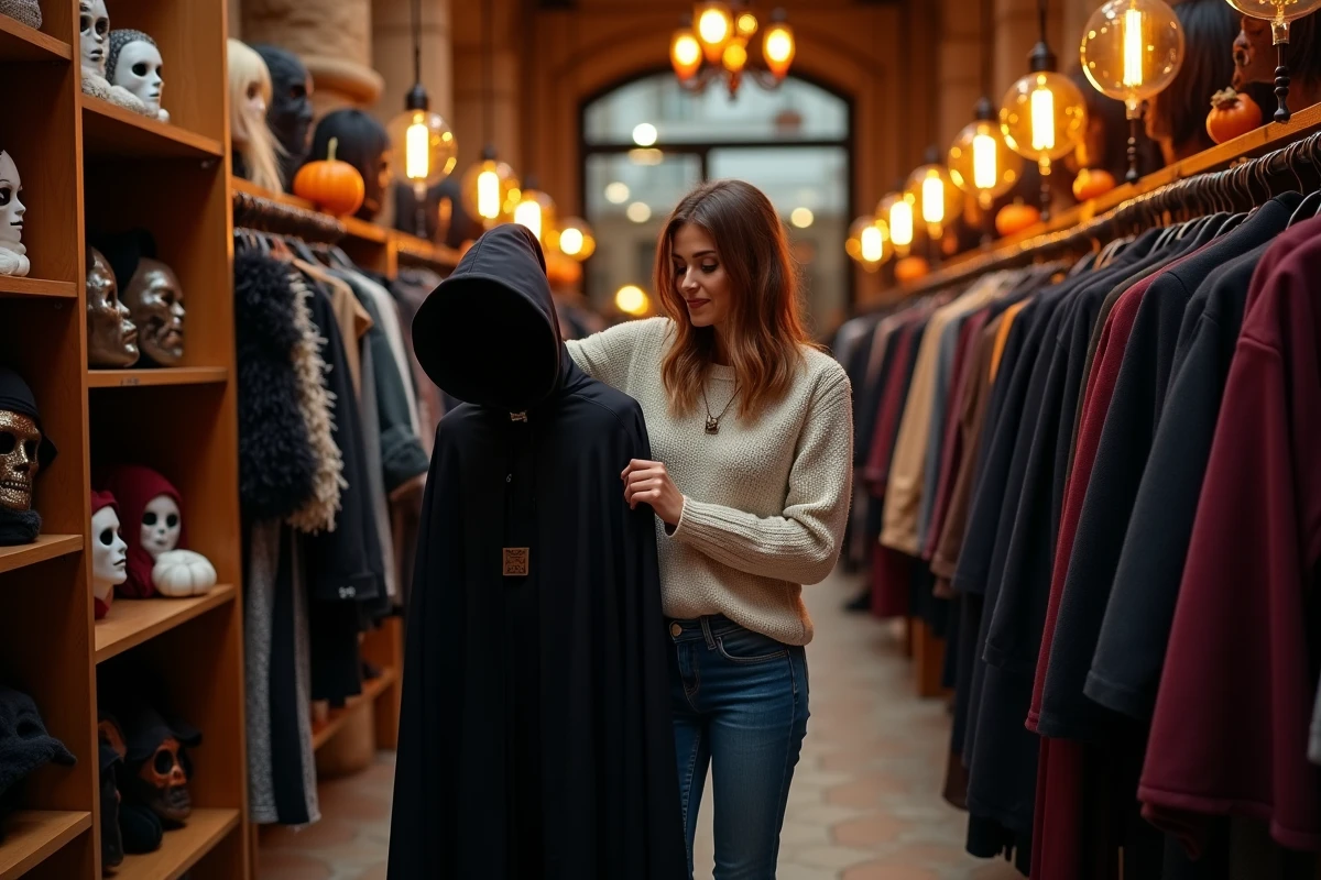 Femme choisissant un costume de sorcière dans une boutique Halloween parisienne aux murs en pierre avec rayonnages remplis d'accessoires et de déguisements