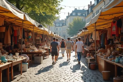 Vue aérienne d'une braderie animée en plein air avec des étals de vêtements vintage et de mobilier rétro sur des pavés, foule de visiteurs en tenues estivales légères