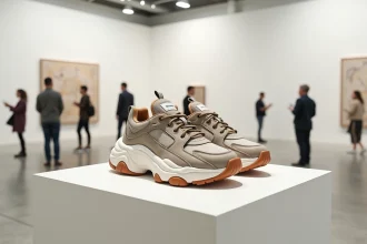 Chaussures Balenciaga chunky exposées dans une galerie d'art contemporaine comme une œuvre sculptural, illustrant le débat entre beau et moche dans la mode