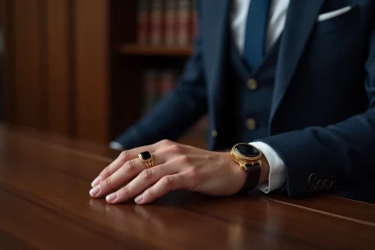 Homme portant une chevalière onyx et or jaune au petit doigt avec un costume bleu marine sur fond de bureau en bois
