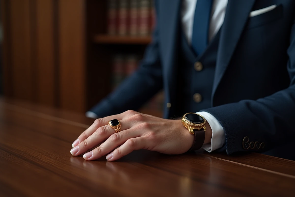 Homme portant une chevalière onyx et or jaune au petit doigt avec un costume bleu marine sur fond de bureau en bois