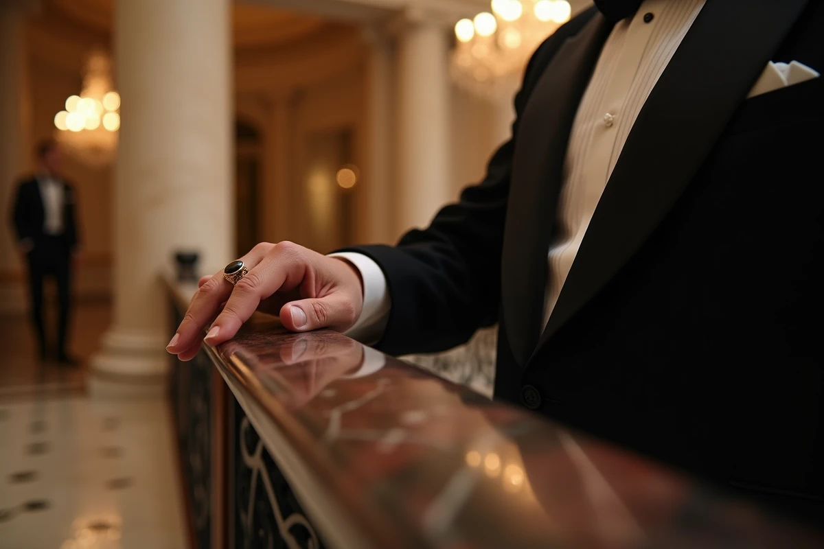 Homme en smoking noir portant une chevalière onyx et or jaune appuyé sur une rambarde en marbre lors d'une soirée élégante