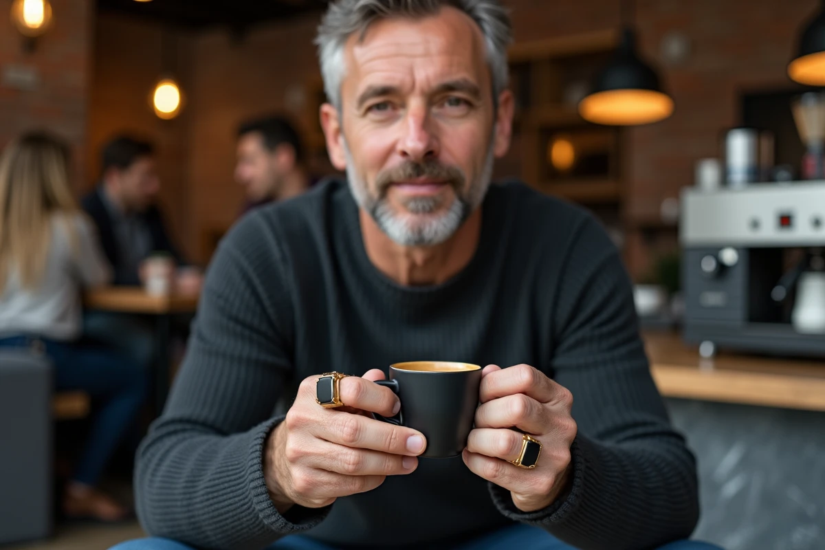Homme en pull gris portant une chevalière onyx et or jaune tenant une tasse de café dans un café urbain