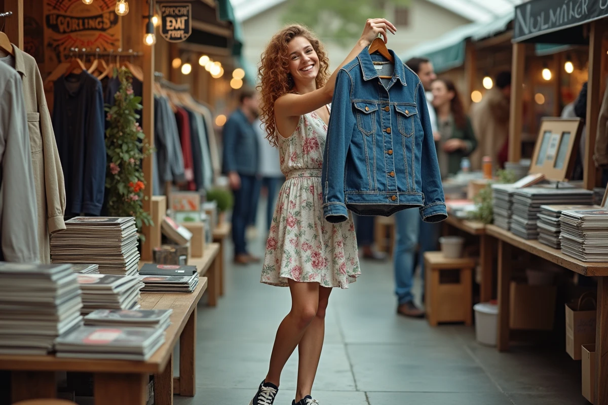 Jeune femme aux cheveux bouclés tenant une veste en jean vintage avec enthousiasme dans un marché aux puces couvert, entourée de vêtements d'occasion et de disques vinyles