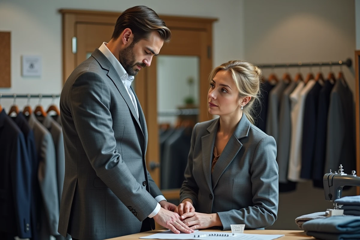 Client en costume essayant des retouches de pantalon chez un tailleur avec tarifs affichés en boutique