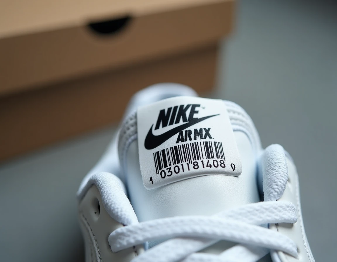 Gros plan sur le code UPC d'une étiquette Nike authentique sur la languette d'une chaussure Air Max blanche