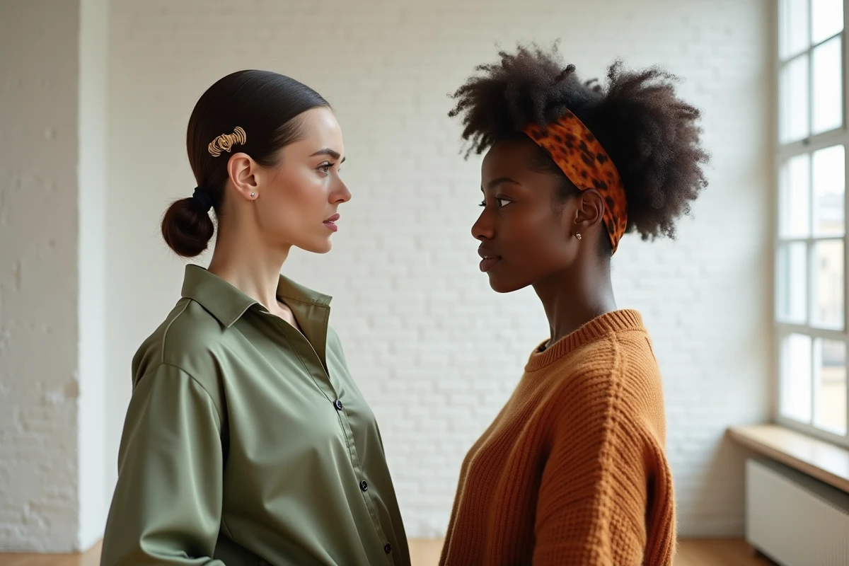 Deux femmes aux coiffures tendance dans un loft minimaliste, chignon avec pince dorée et boucles naturelles avec serre-tête écaille