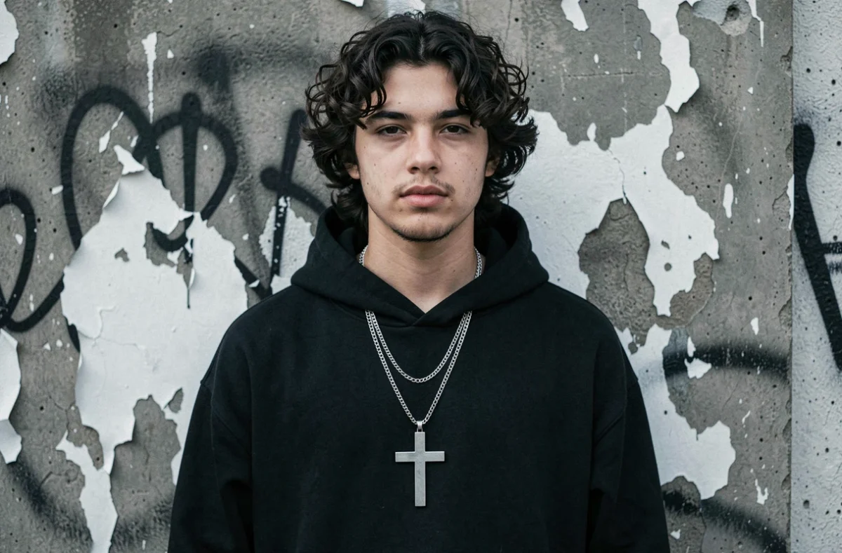 Adolescent portant un collier croix argenté sur un sweat noir devant un mur de béton avec graffitis, bijou homme tendance