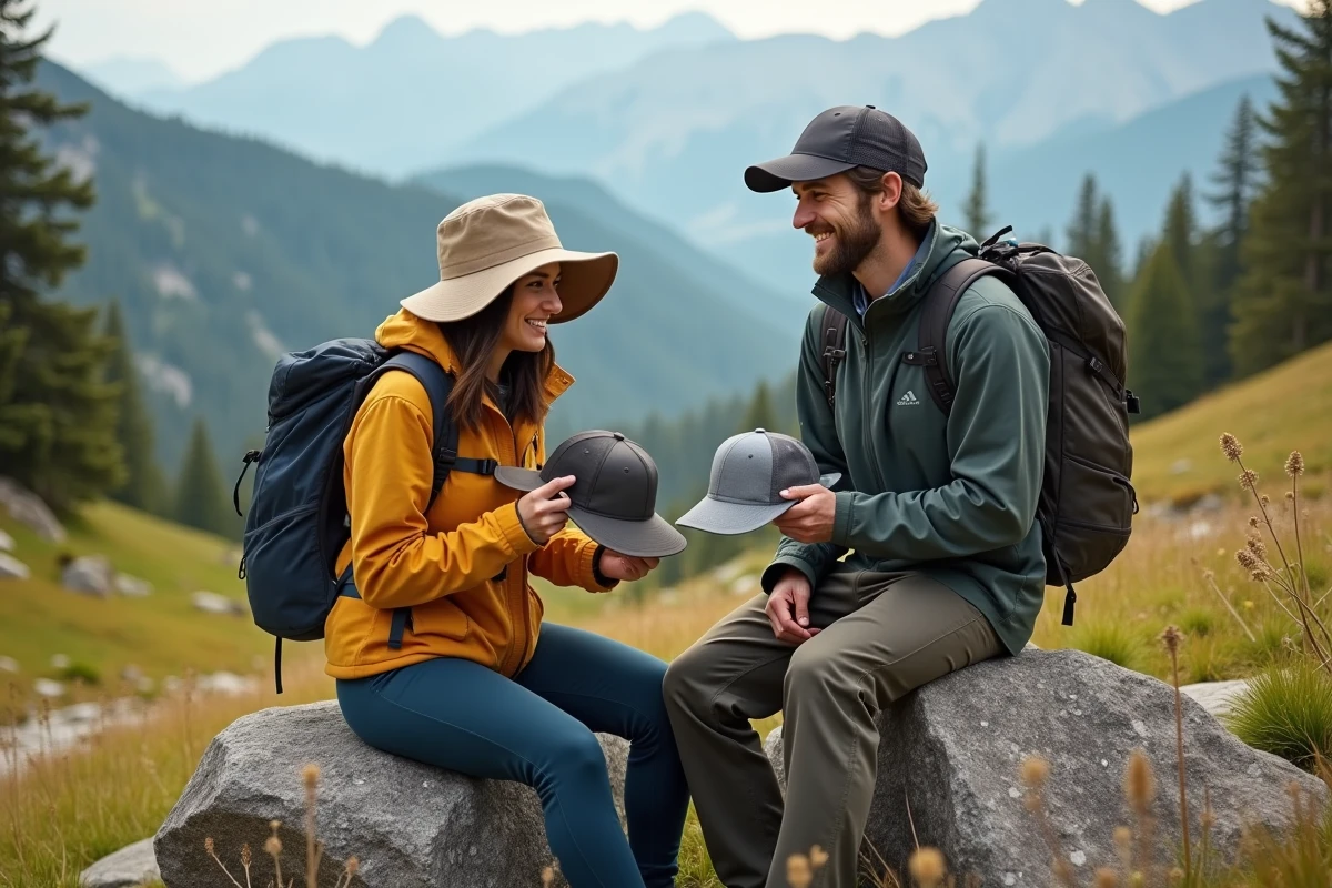 Deux randonneurs comparant un bob et une casquette technique lors d'une pause dans un pré de montagne