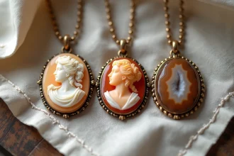 Comparaison de trois camées côte à côte : camée coquille sculpté, pendentif en résine et camée en pierre dure agate, posés sur du lin sur une table en bois