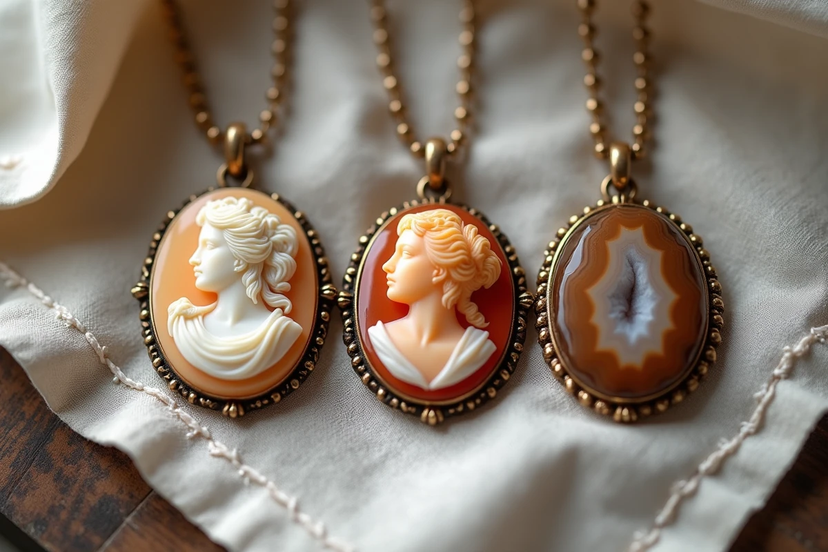 Comparaison de trois camées côte à côte : camée coquille sculpté, pendentif en résine et camée en pierre dure agate, posés sur du lin sur une table en bois
