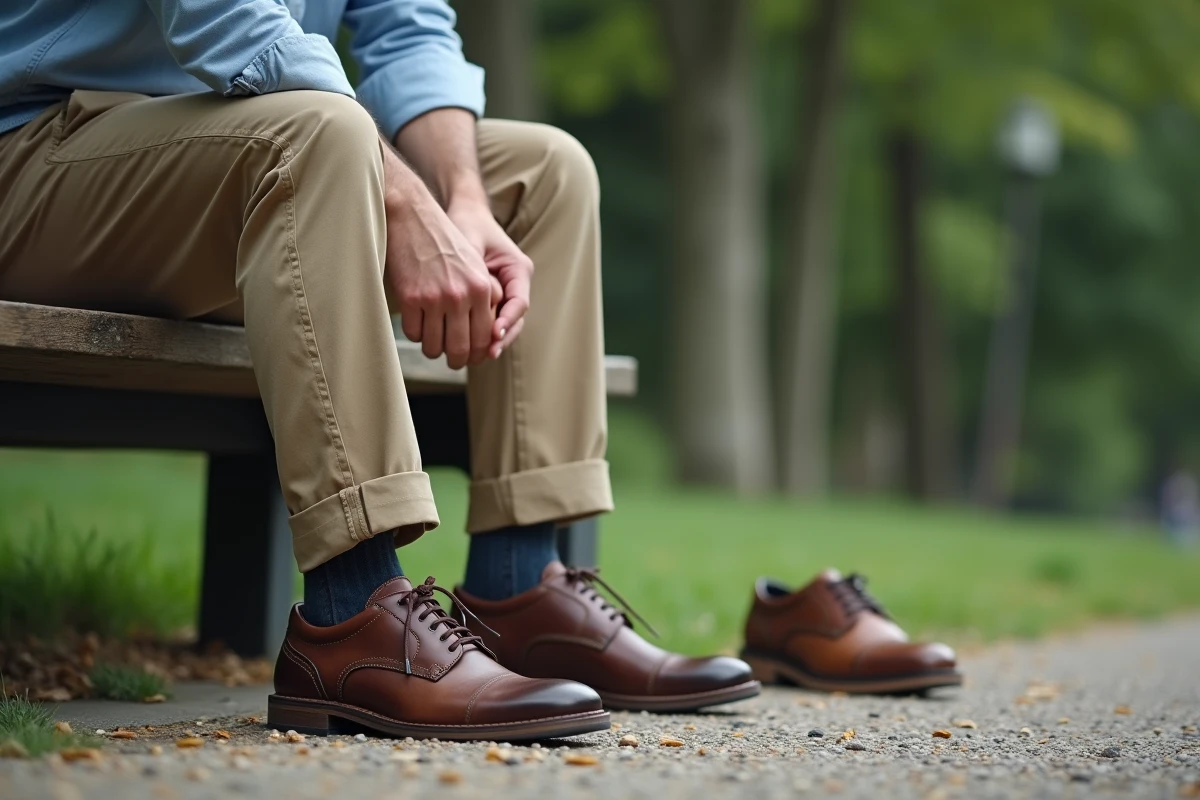 Homme comparant une chaussure confortable haut de gamme avec une chaussure économique sur un banc de parc