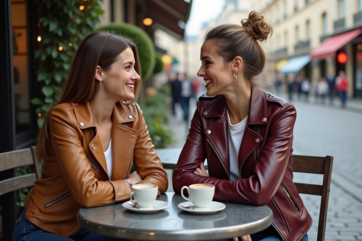 Deux femmes portant des vestes en cuir vintage de coupes différentes attablées en terrasse de café, comparant les styles oversize et ajusté