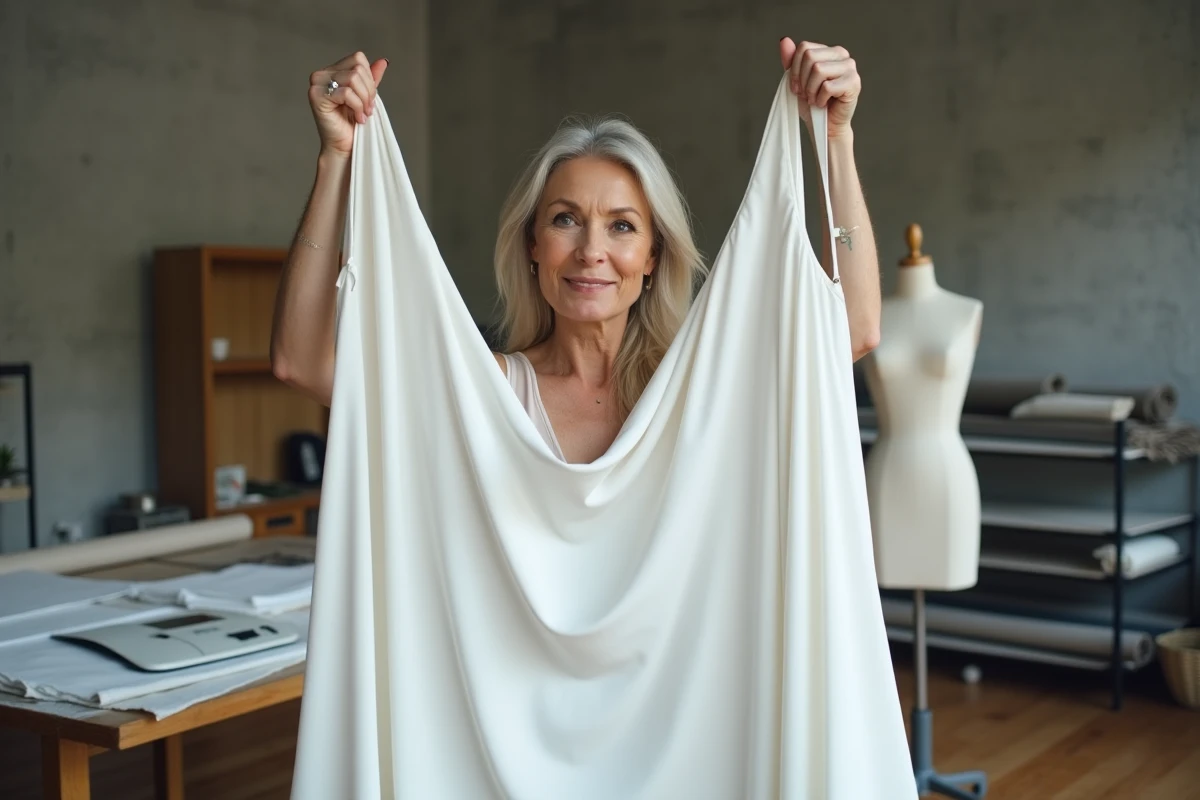 Styliste comparant un jupon en satin blanc et un fond de robe en coton dans un atelier de couture minimaliste