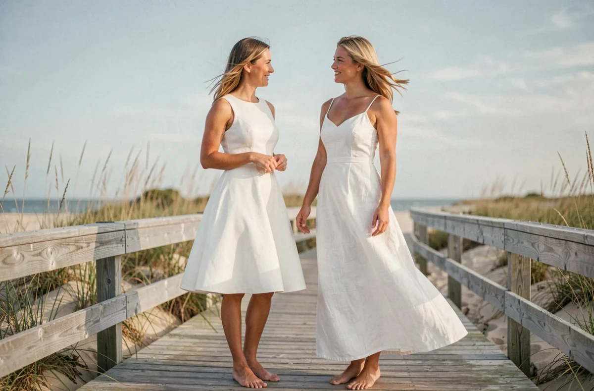 Deux femmes comparant des robes blanches de longueurs différentes sur une promenade en bois en bord de mer