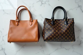 Comparaison côte à côte d'un sac Louis Vuitton authentique et d'une contrefaçon, montrant les différences de couture et de qualité des matériaux