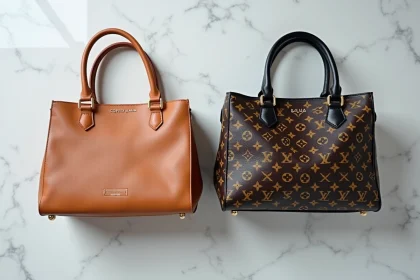 Comparaison côte à côte d'un sac Louis Vuitton authentique et d'une contrefaçon, montrant les différences de couture et de qualité des matériaux
