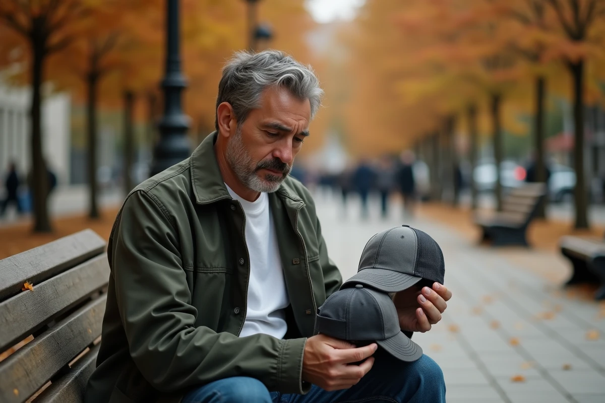 Homme comparant deux casquettes de tailles différentes sur un banc de parc en automne