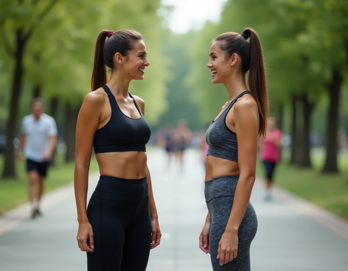 Deux femmes portant des tenues de sport de marques différentes comparées dans un parc urbain