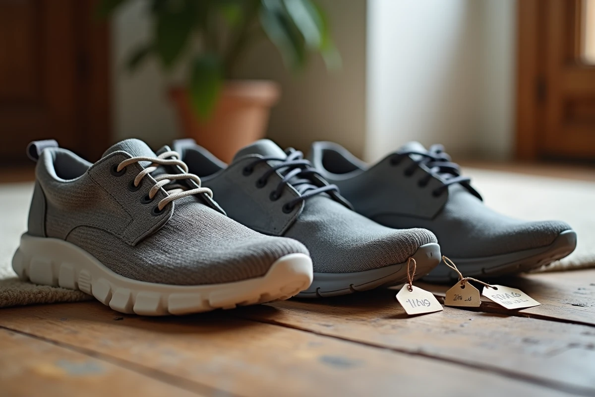 Trois paires de chaussures à différents prix alignées sur un parquet en bois, illustrant le rapport qualité-confort-prix