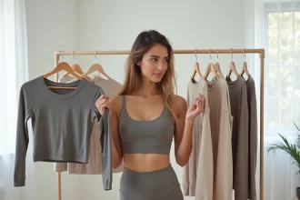Femme comparant deux vêtements de sport Halara et Shein devant un portant dans un appartement moderne