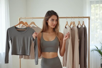 Femme comparant deux vêtements de sport Halara et Shein devant un portant dans un appartement moderne