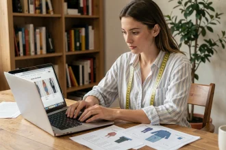 Jeune femme consultant un convertisseur de tailles vestimentaires sur un ordinateur portable pour acheter sur une boutique étrangère