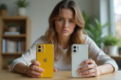 Femme comparant deux coques de téléphone transparentes, l'une jaunie et l'autre neuve, sur un bureau en bois