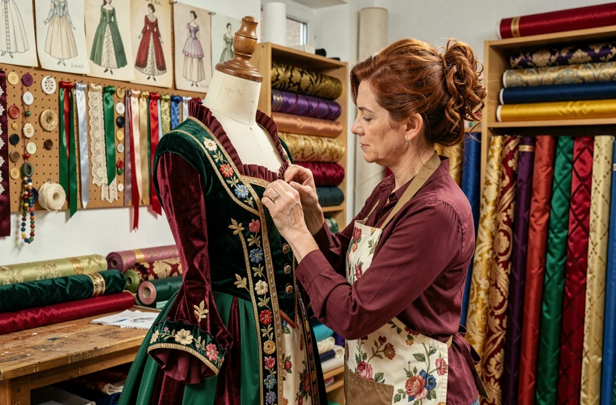 Costumière de l'atelier Cost'Art à Chalonnes-sur-Loire ajustant un costume de scène élaboré sur un mannequin de couture