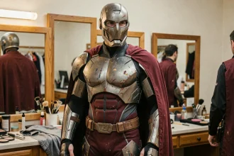 Homme adulte en costume de super-héros réaliste avec armure peinte à la main et cape, dans une loge de préparation avec accessoires de maquillage