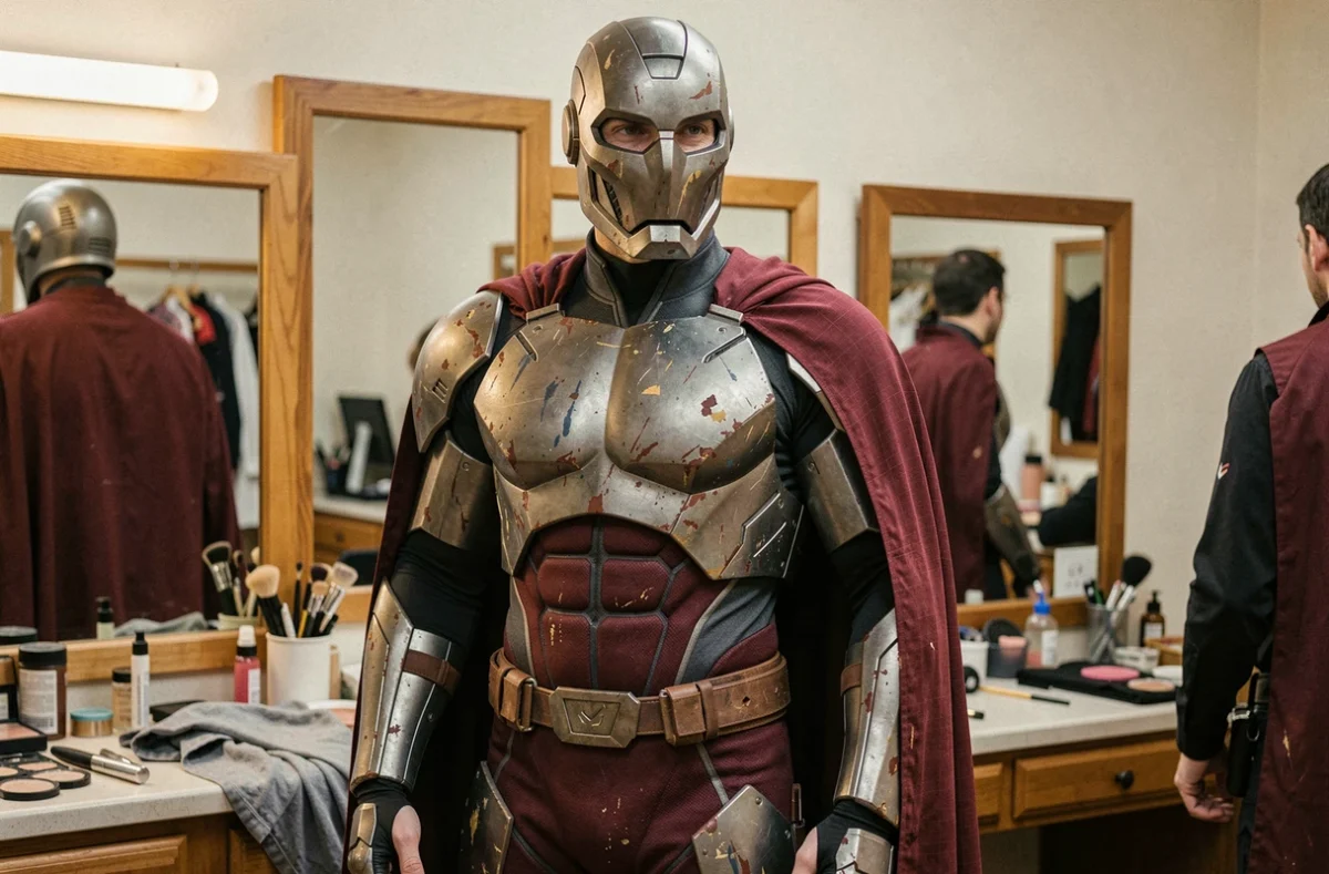 Homme adulte en costume de super-héros réaliste avec armure peinte à la main et cape, dans une loge de préparation avec accessoires de maquillage